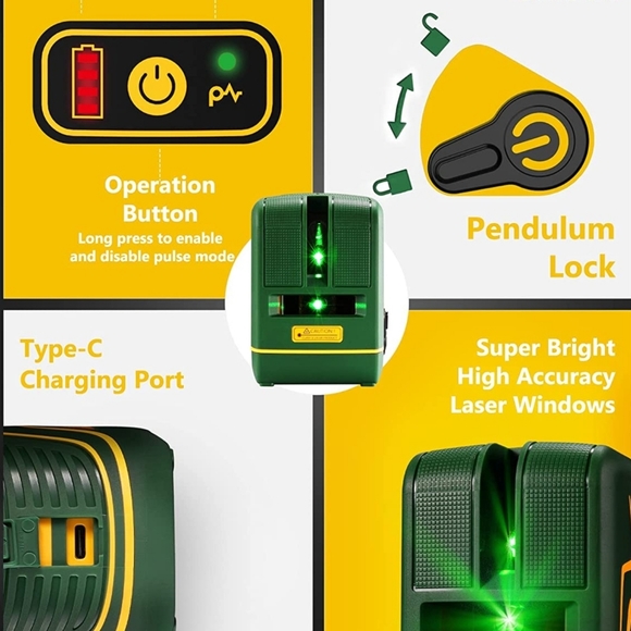Cross Line Laser Level, with Expansion Angle, Type-C Rechargeable Battery, Green - Picture 6 of 9